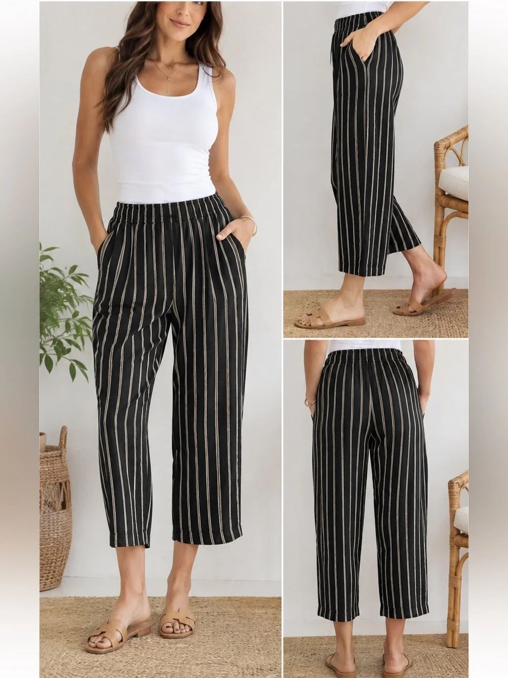 J.Jill Linen Stretch Striped Cropped Pants Black White Size 2X Pull On